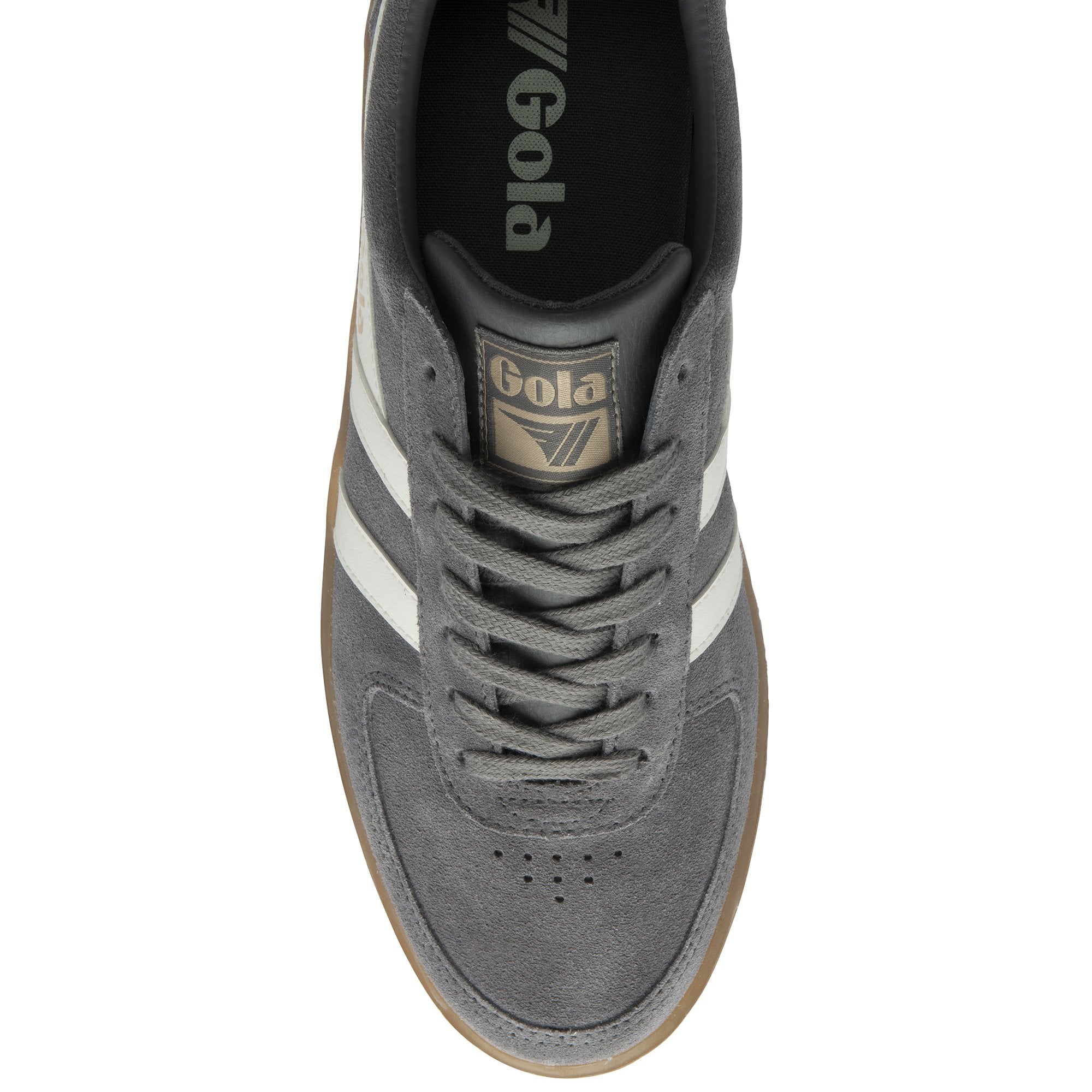 An overhead view of a single gray Gola sneaker with white stripes and a gum sole.