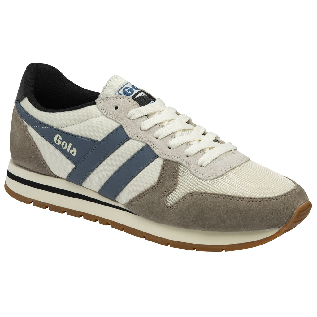 A single Gola men's sneaker in off-white, grey, and blue, angled slightly forward.