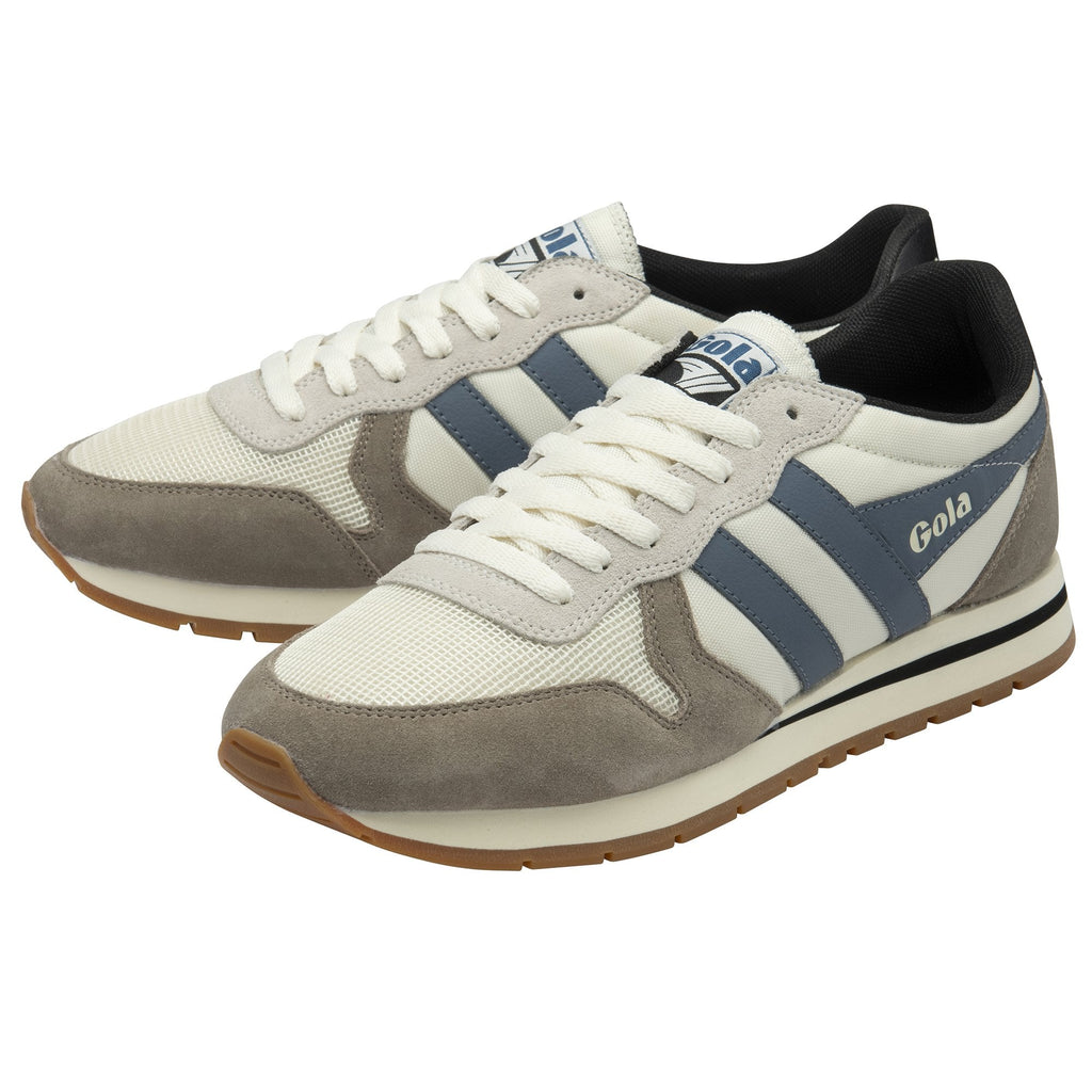 A pair of Gola men's sneakers in off-white, grey, and blue, viewed from the side.