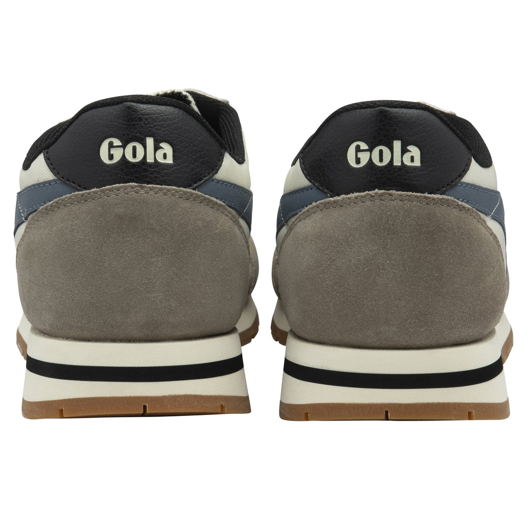 The back of a pair of Gola men's sneakers in off-white, grey, and blue.