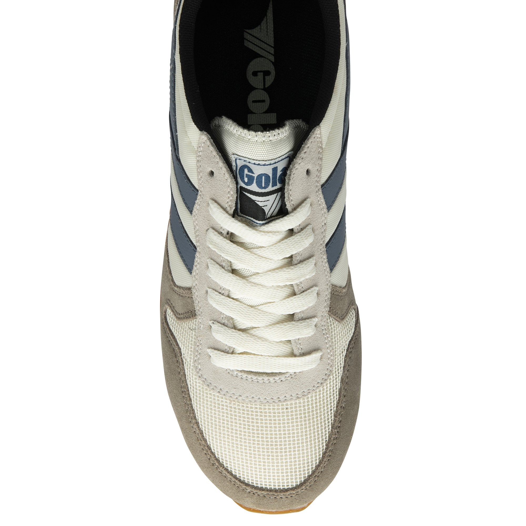 The top-down view of a single Gola men's sneaker in off-white, grey, and blue.