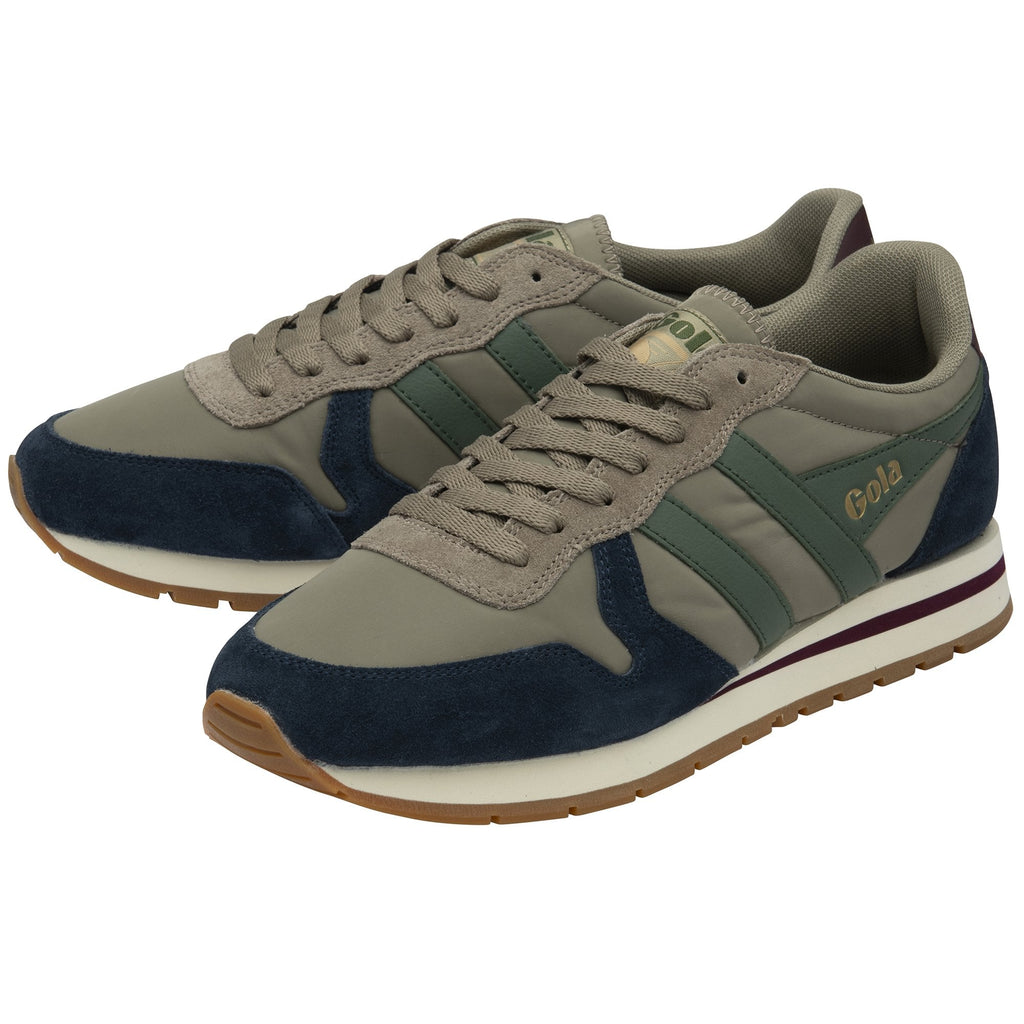 Two recycled olive green and navy Gola sneakers with white and burgundy soles, angled right.
