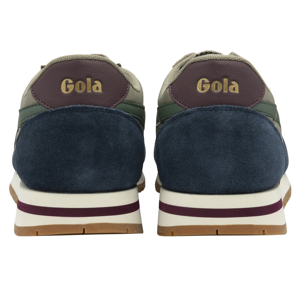 The back of two recycled Gola sneakers in olive green and navy with white and burgundy soles.