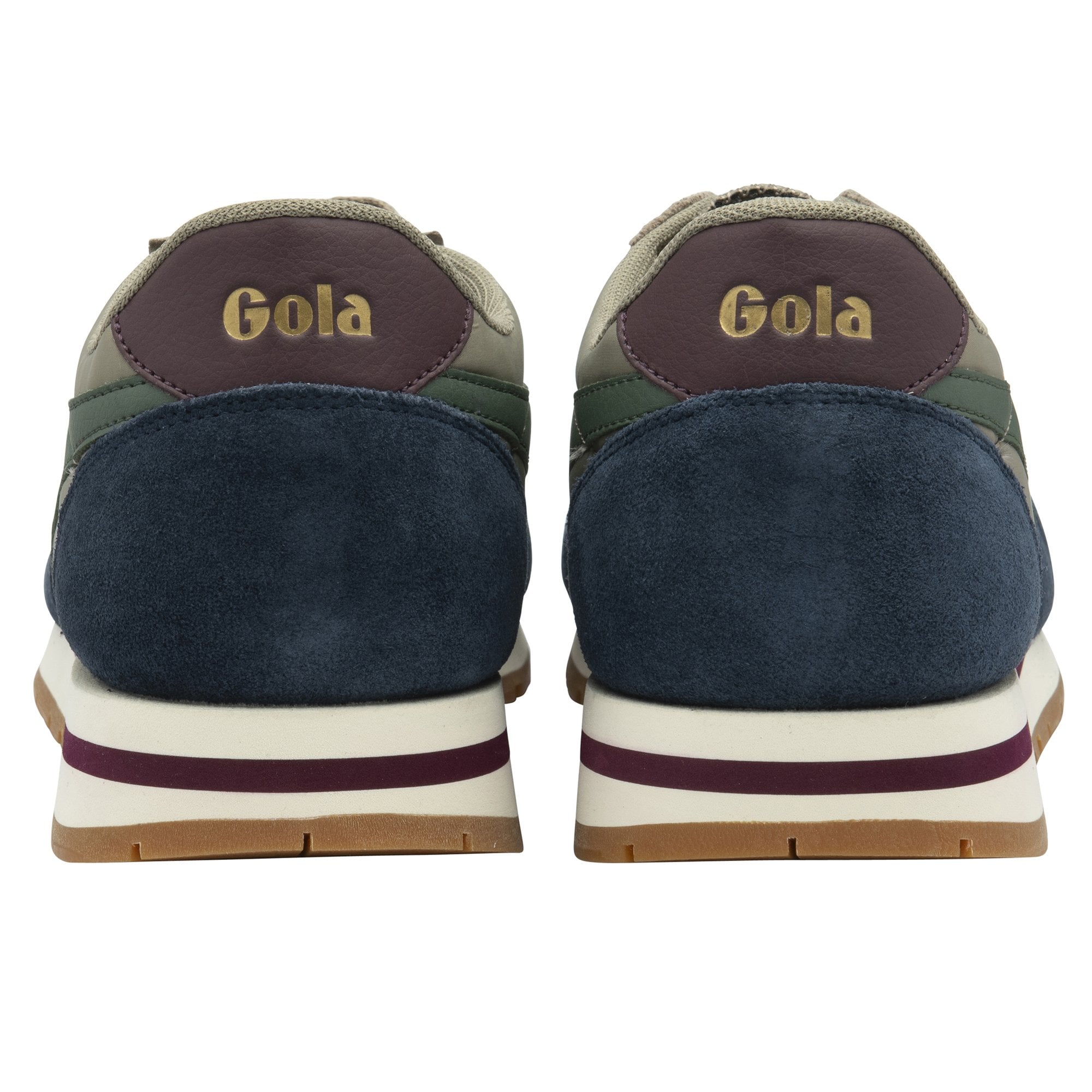 The back of two recycled Gola sneakers in olive green and navy with white and burgundy soles.