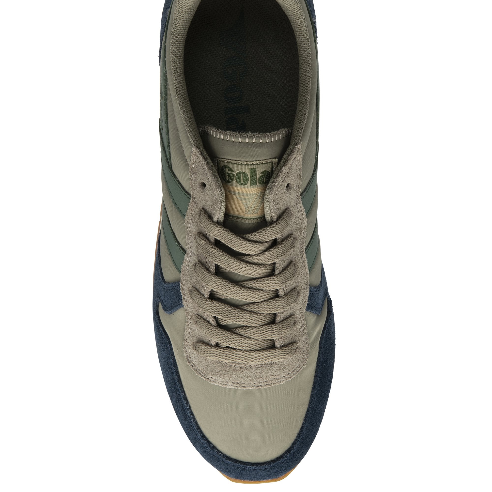 An overhead view of a recycled olive green and navy Gola sneaker with a white sole.