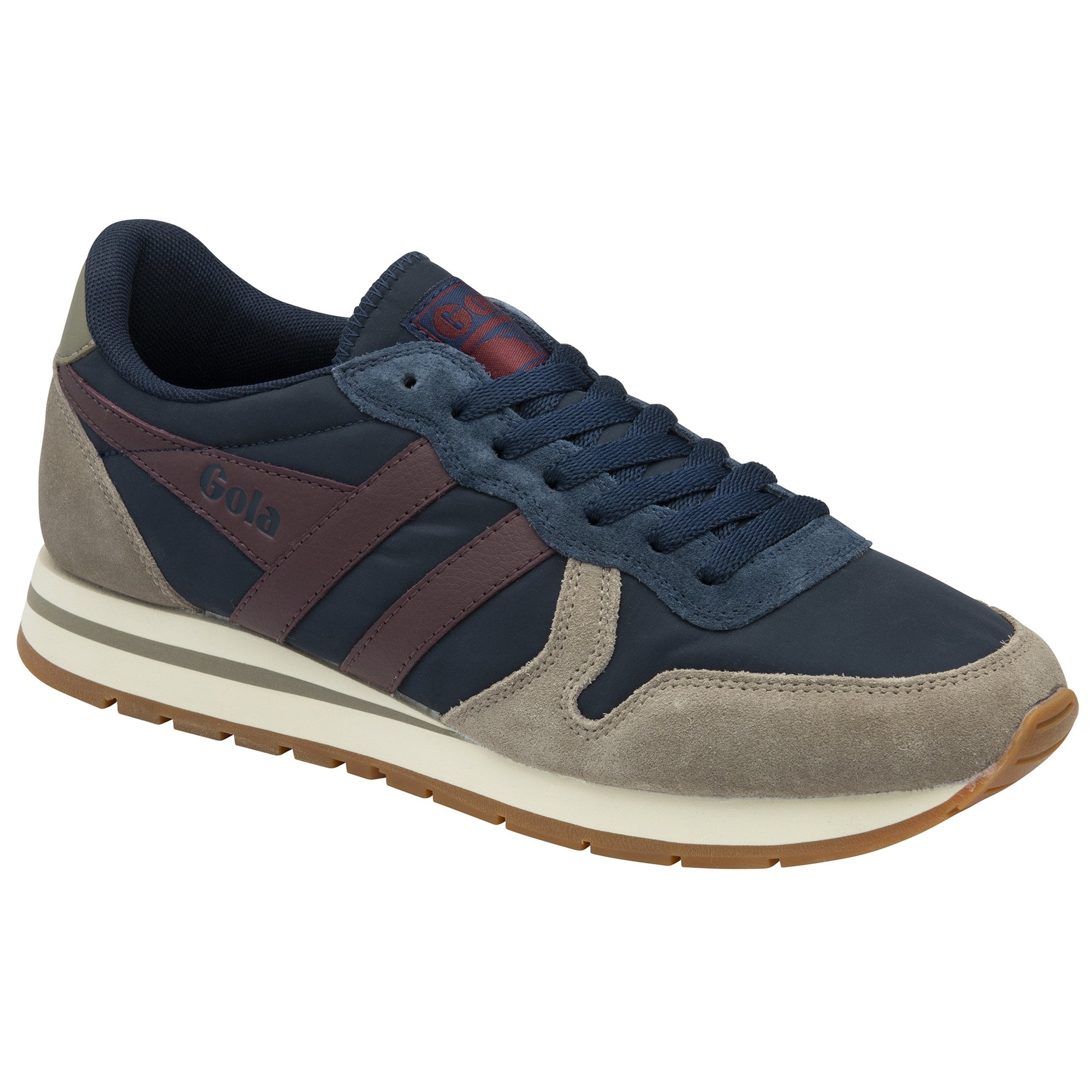 A recycled materials Gola men's sneaker, with navy, gray, and maroon colors. Side view.