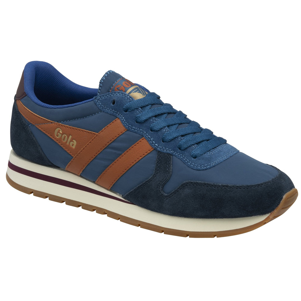 Side profile of a Gola men's sneaker in blue with brown stripes.