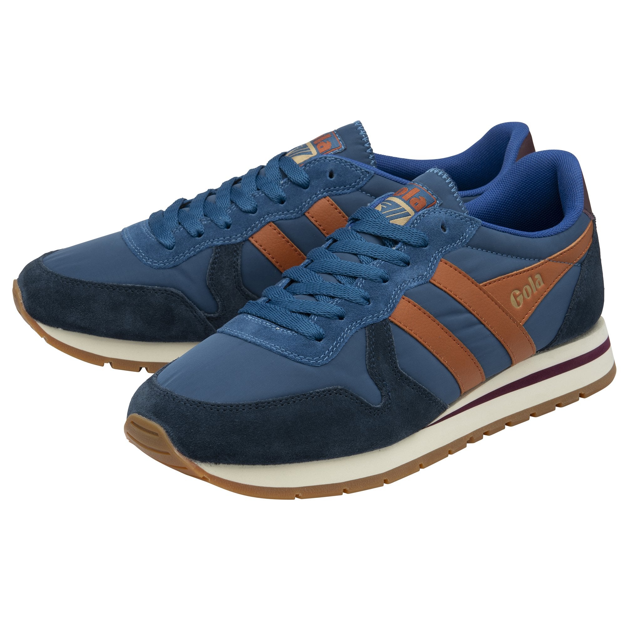 Pair of Gola men's sneakers in blue with brown stripes, angled view.