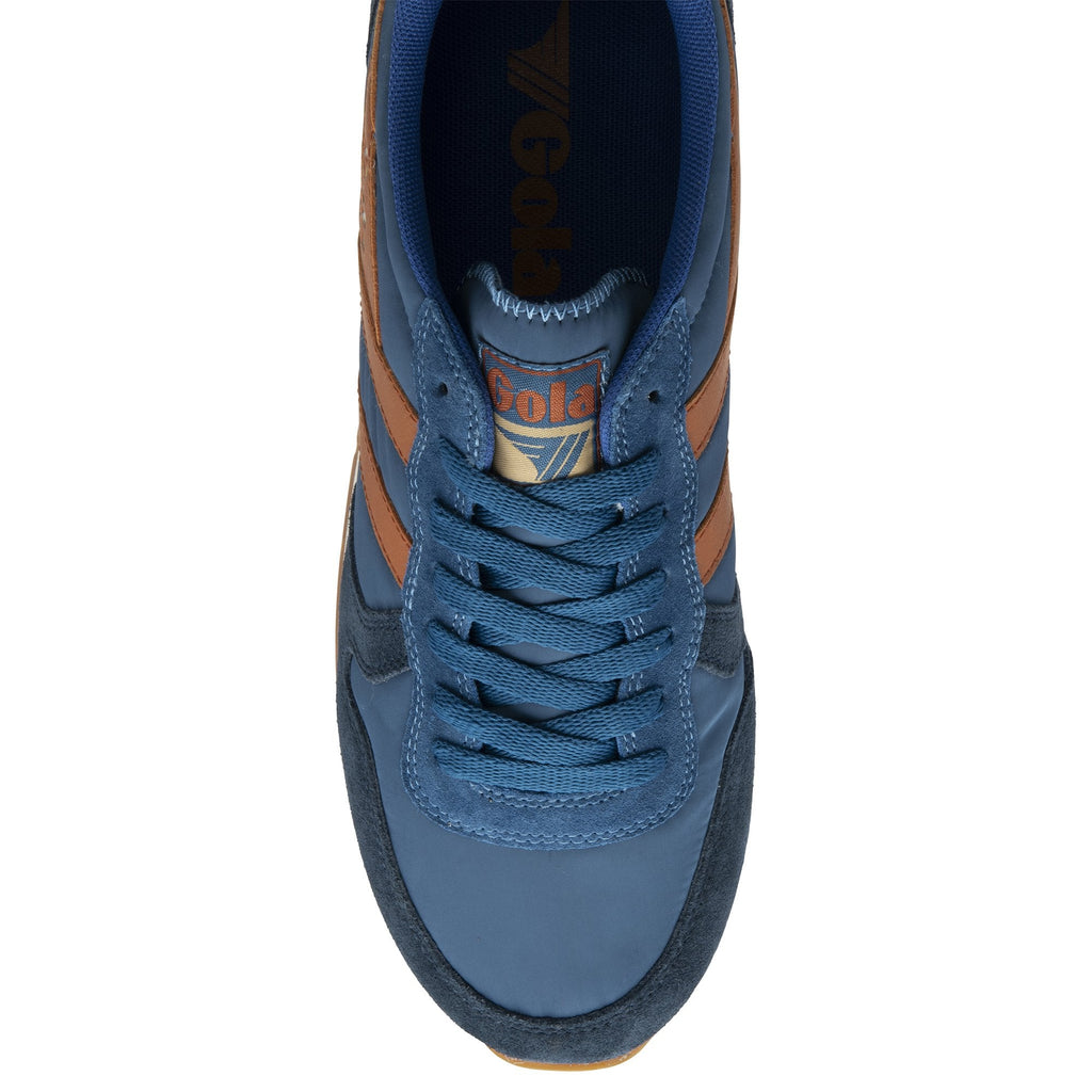 Top-down view of a Gola men's sneaker in blue with brown stripes and laces.