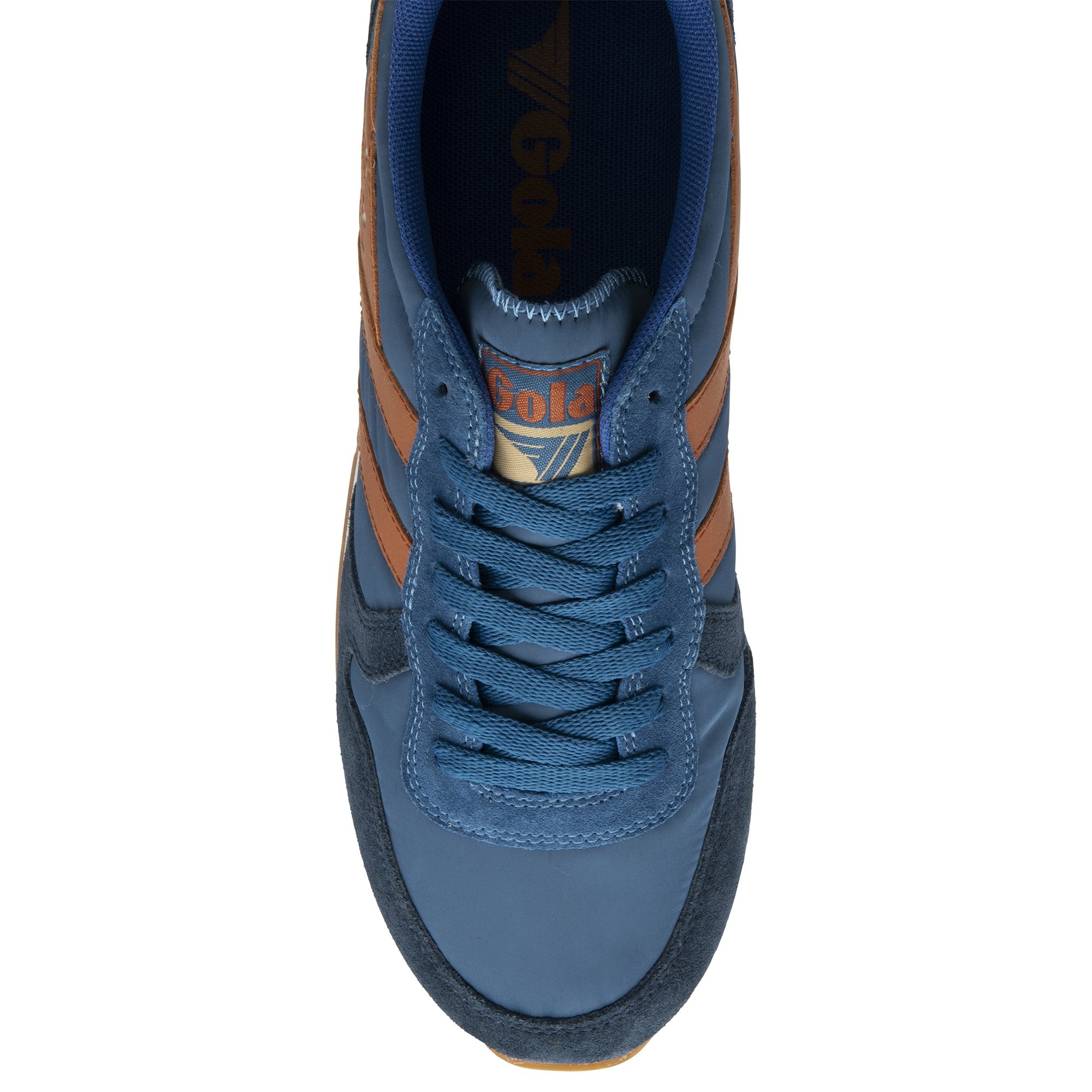 Top-down view of a Gola men's sneaker in blue with brown stripes and laces.