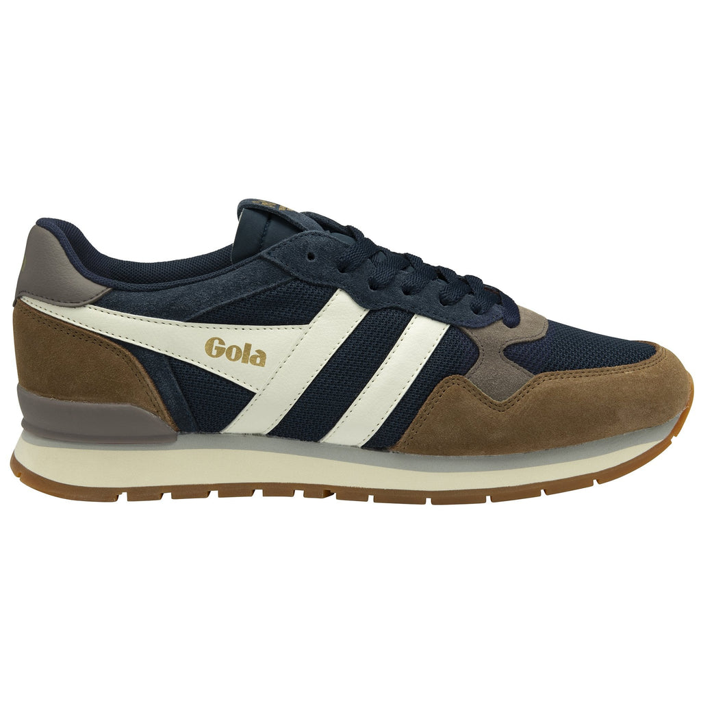 A right Gola men's sneaker in navy, brown, and white with a side view.