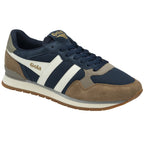 A pair of Gola men's sneakers in navy, brown, and white from a front side view.