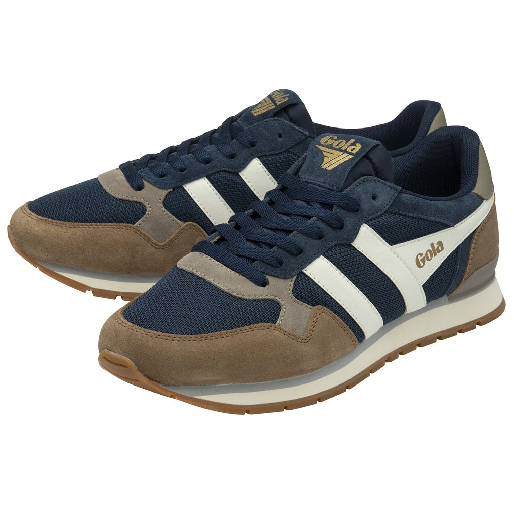 A pair of Gola men's sneakers in navy, brown, and white, angled from the front.