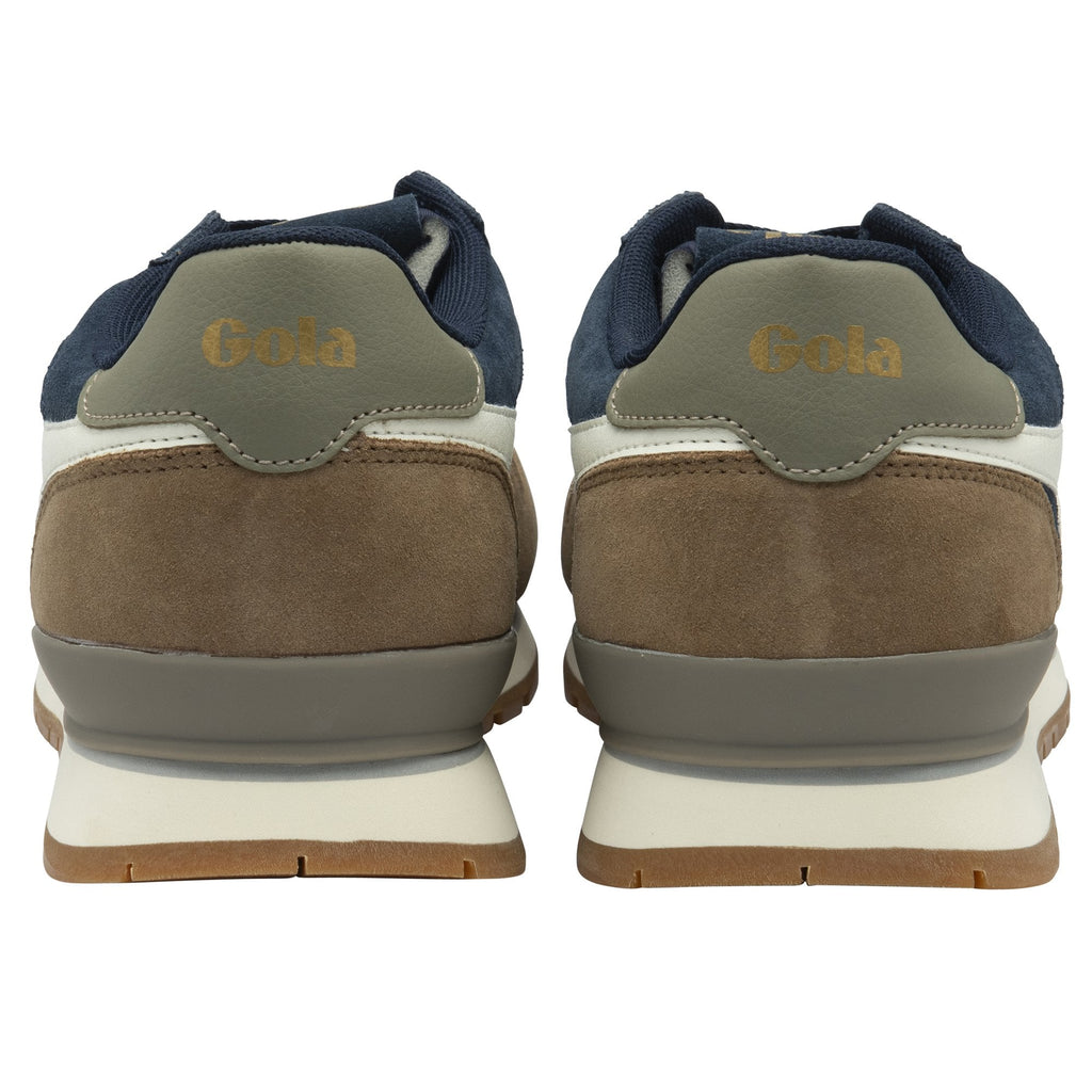 The back of a pair of Gola men's sneakers in navy, brown, and white.