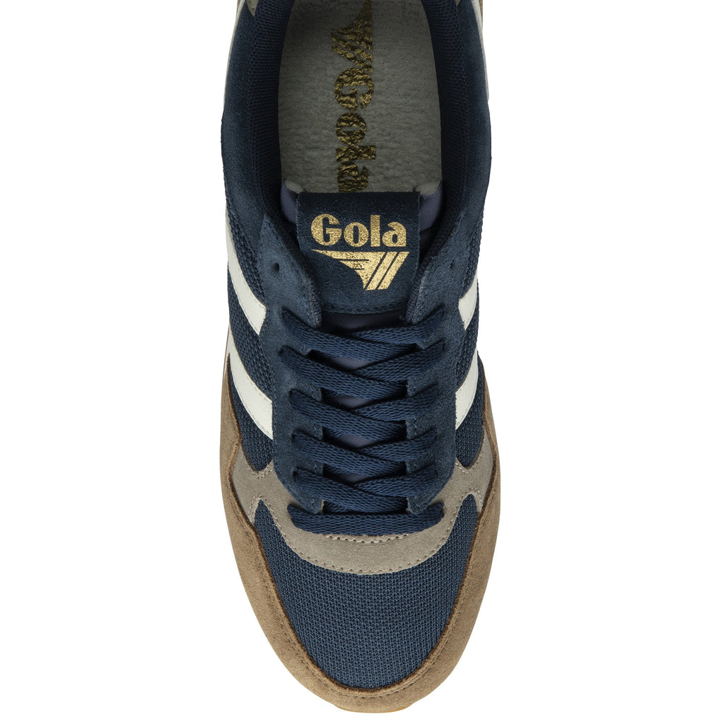 An overhead view of a Gola men's sneaker in navy, brown, and white.