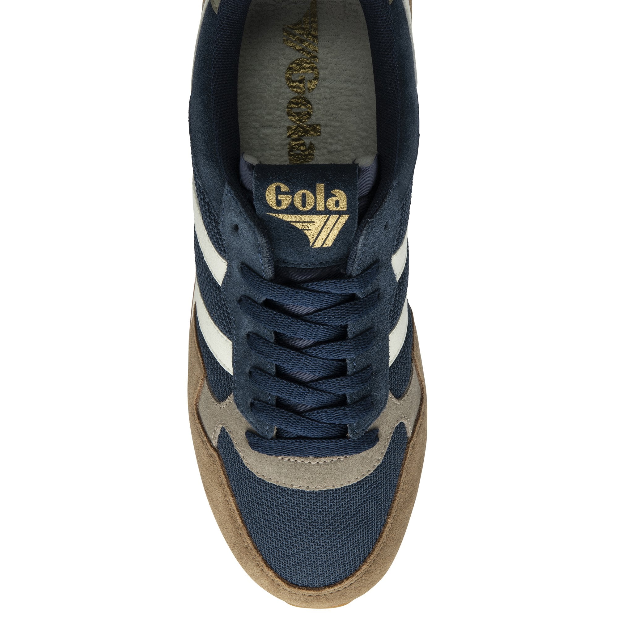 An overhead view of a Gola men's sneaker in navy, brown, and white.