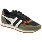 Angled view of a Gola men's sneaker in black, white, and brown with a tan sole.