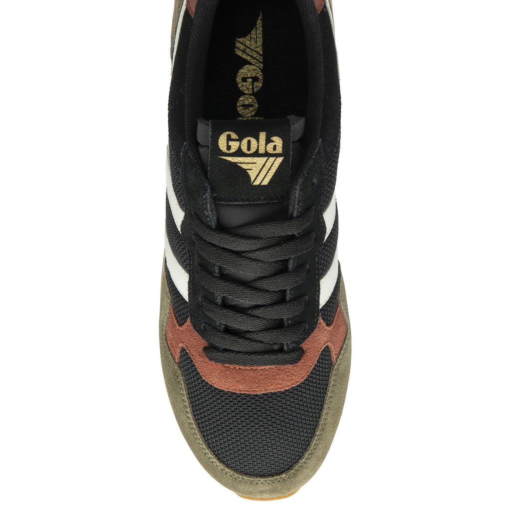 Top-down view of a Gola men's sneaker in black, white, and brown with gold branding.