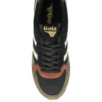 Top-down view of a Gola men's sneaker in black, white, and brown with gold branding.