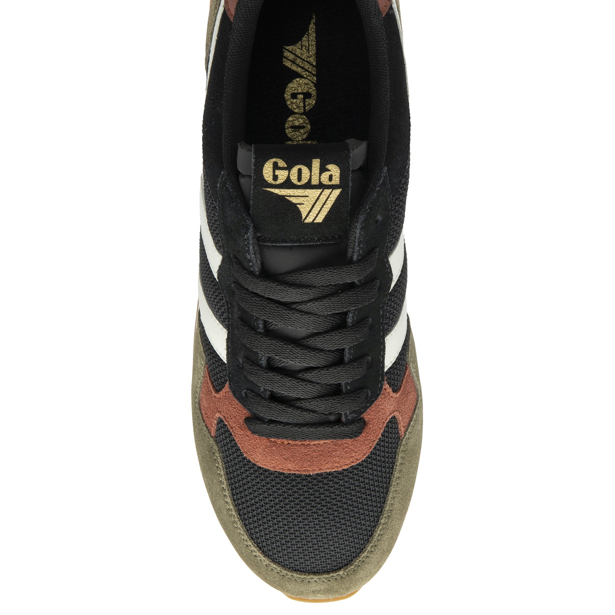 Top-down view of a Gola men's sneaker in black, white, and brown with gold branding.