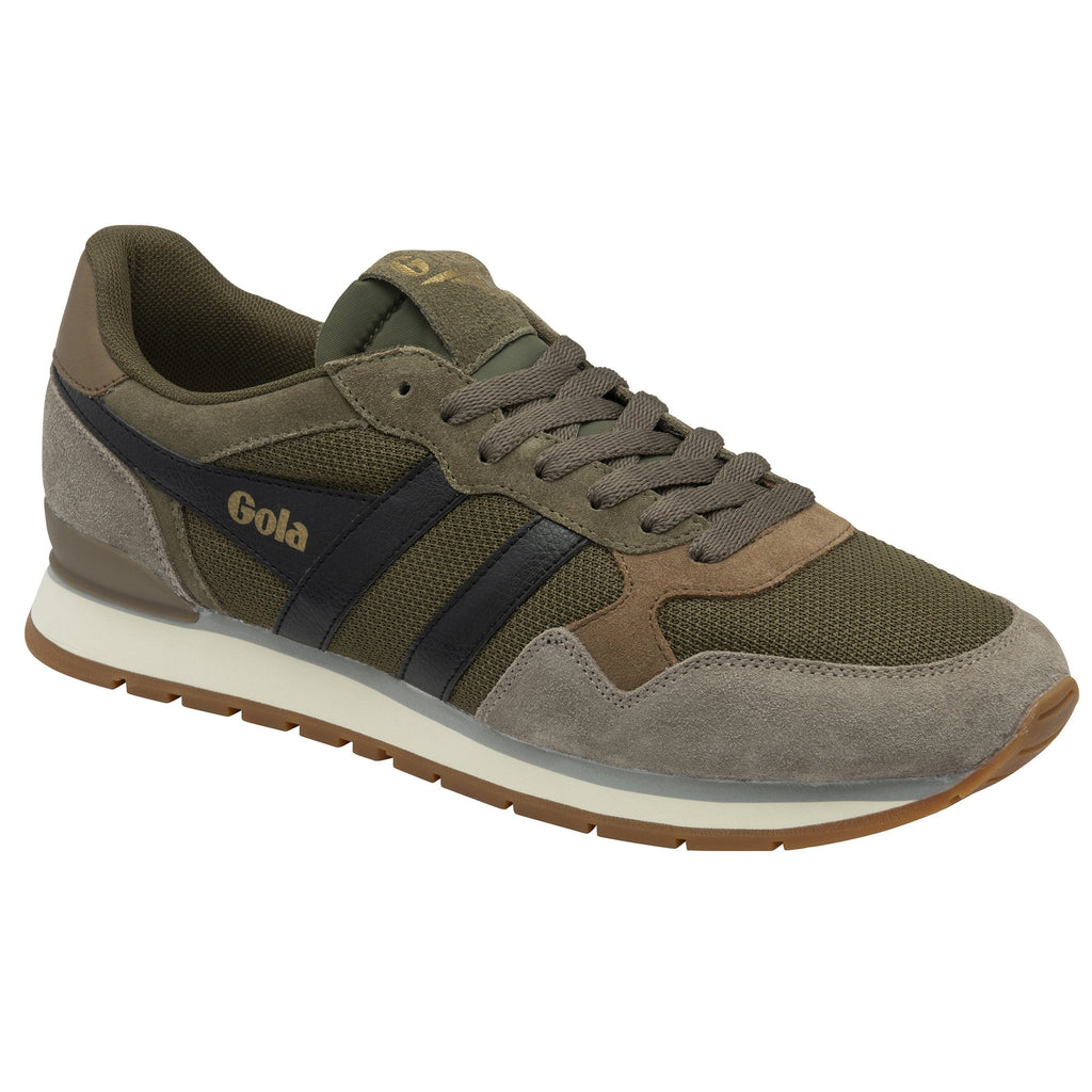 Angled view of a Gola men's trainer in green, black, and brown.
