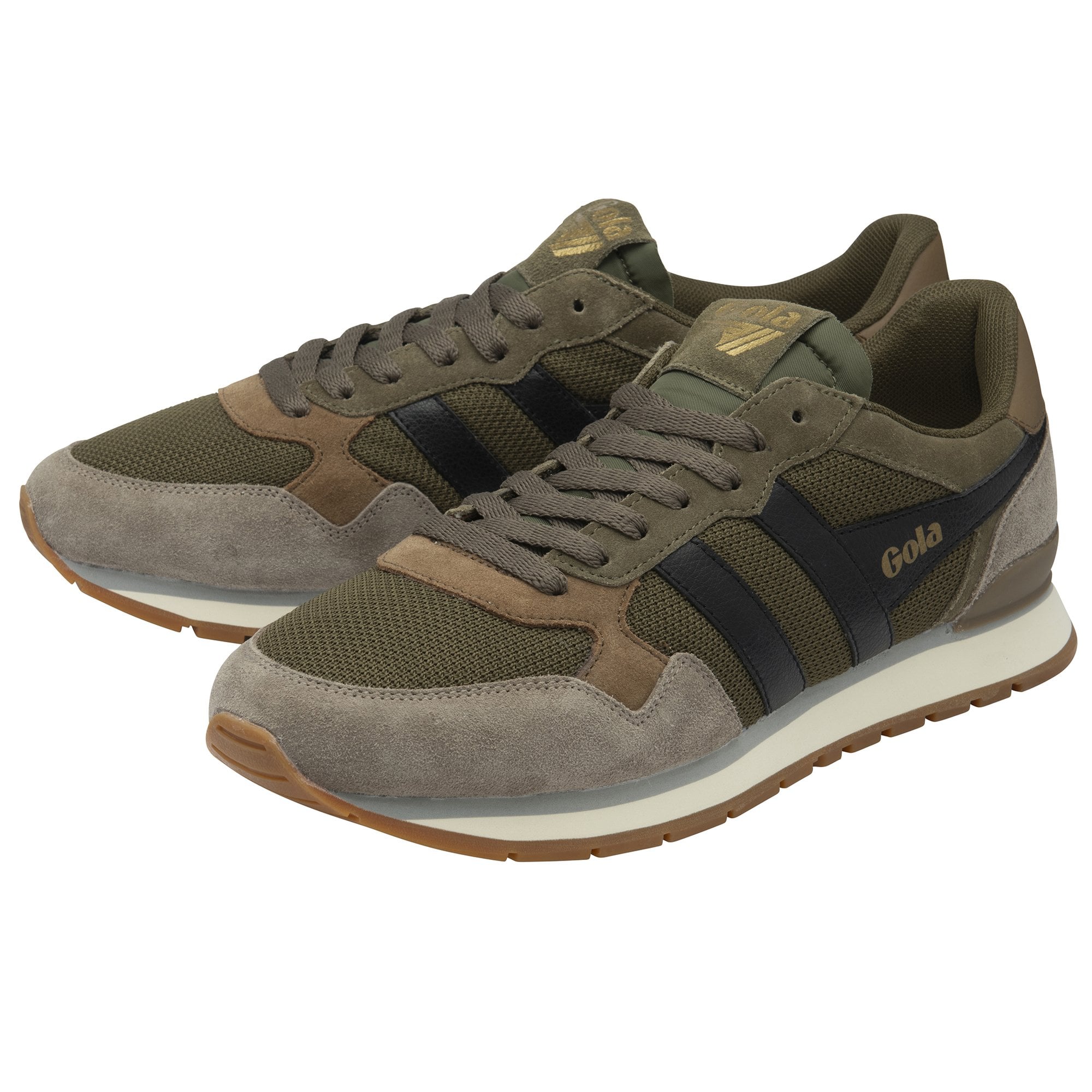 Pair of Gola men's trainers in green, black, and brown.