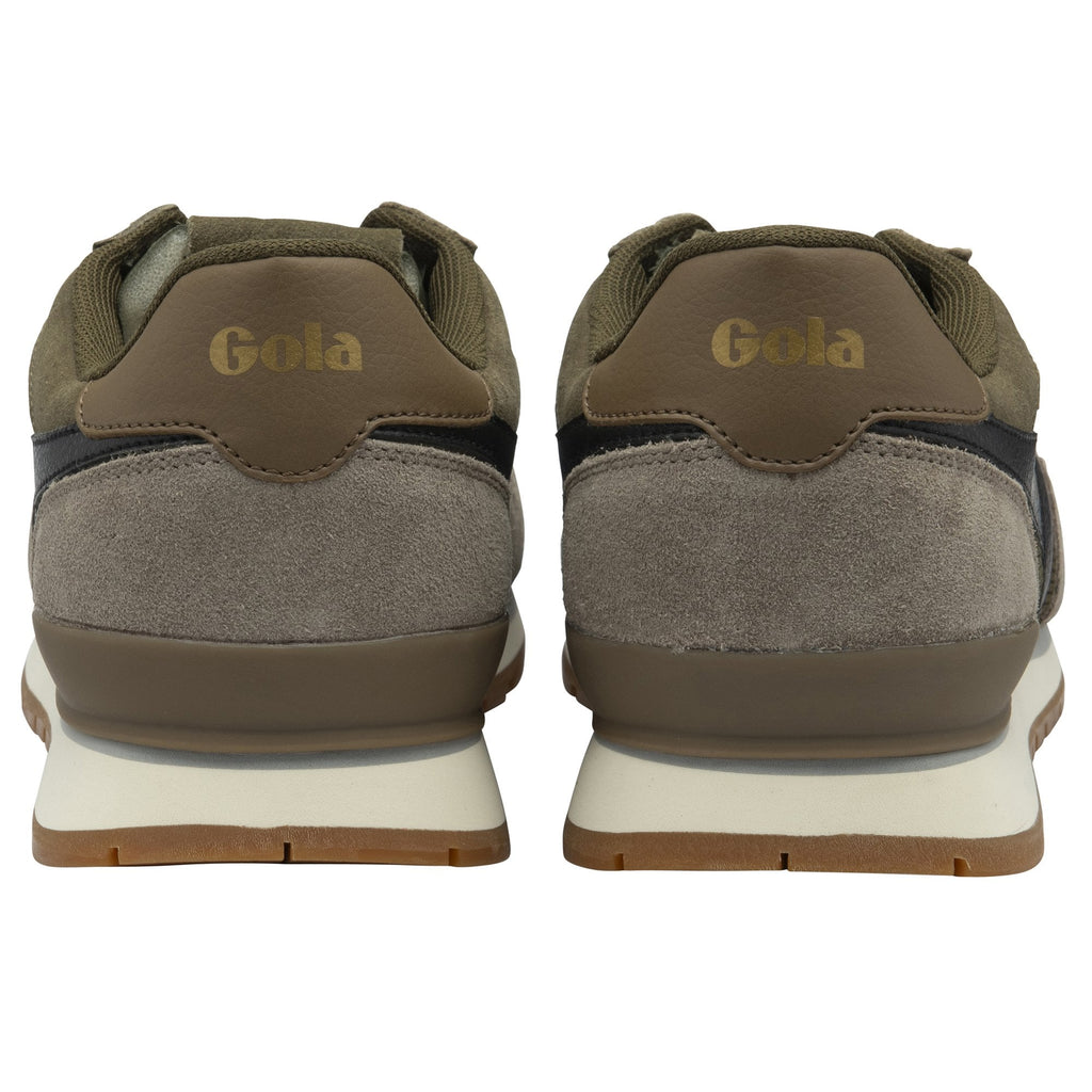 Rear view of a pair of Gola men's trainers in green, black, and brown.