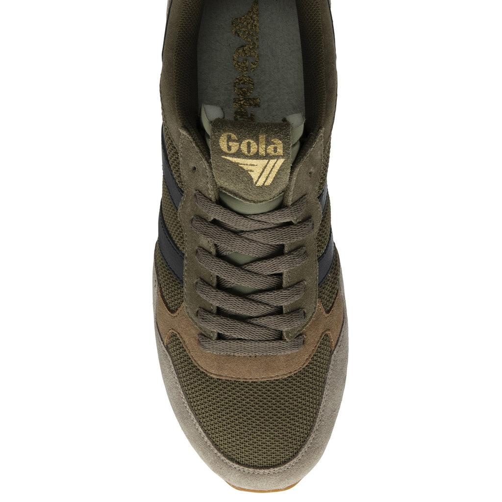 Top down view of a Gola men's trainer in green, black, and brown.