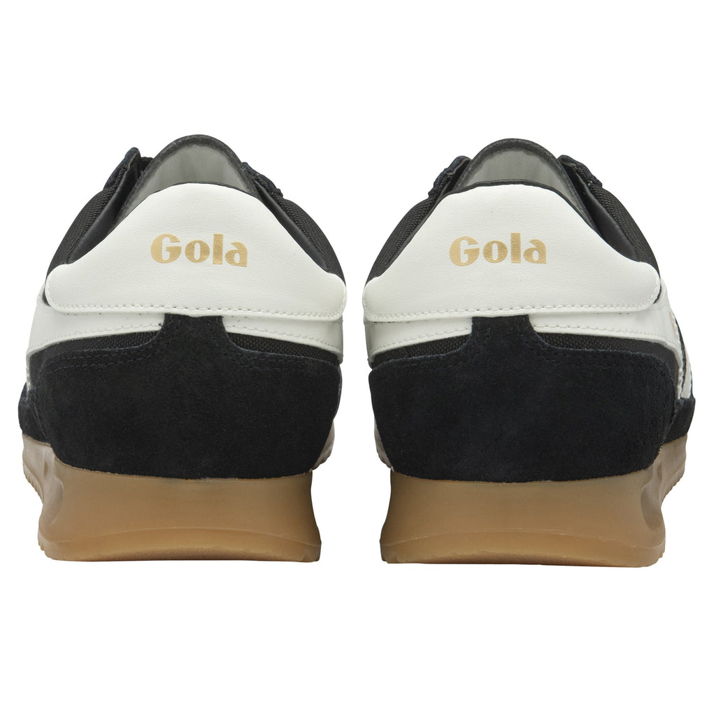 A pair of black and white Gola men's sneakers in a rear profile.
