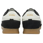 A pair of black and white Gola men's sneakers in a rear profile.