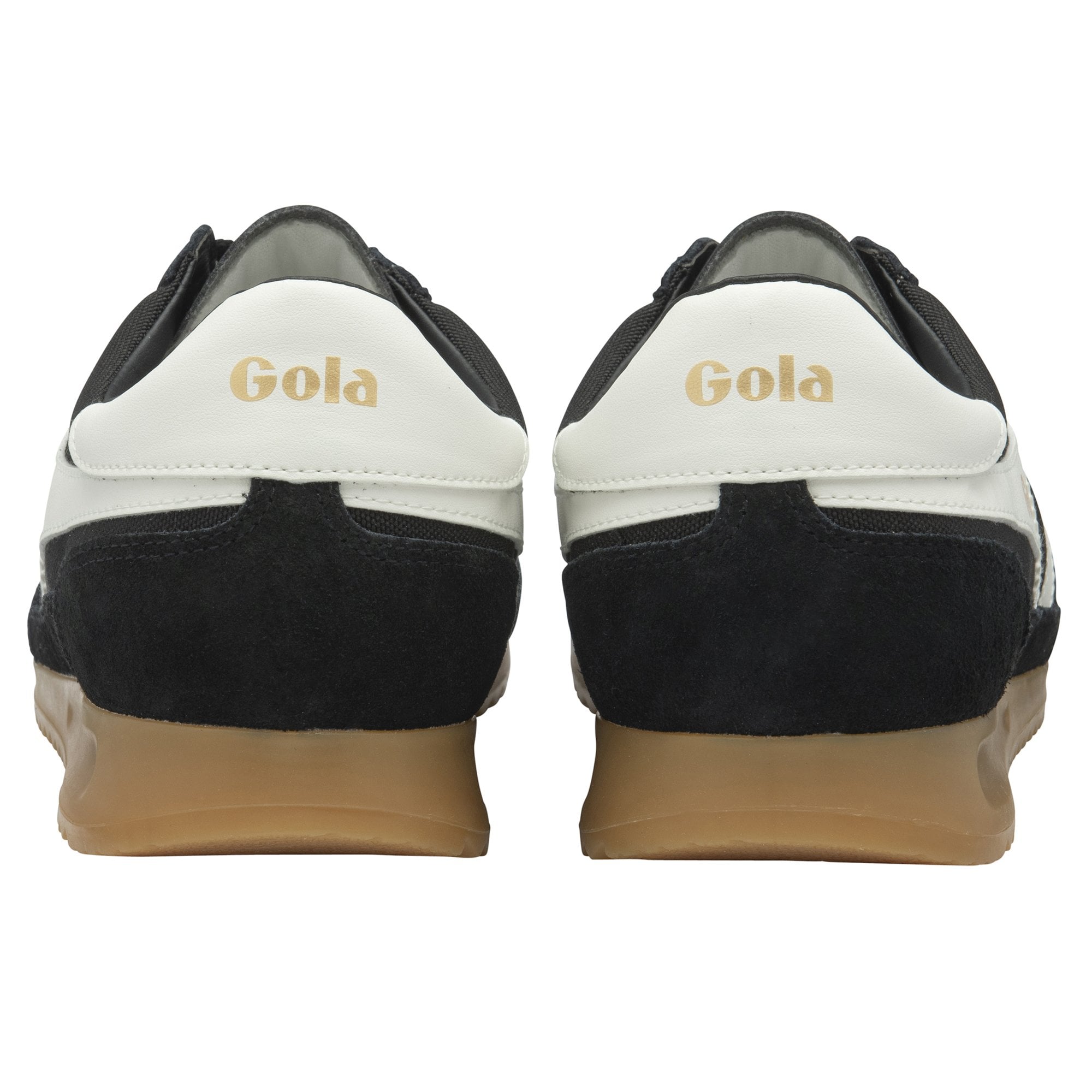 A pair of black and white Gola men's sneakers in a rear profile.