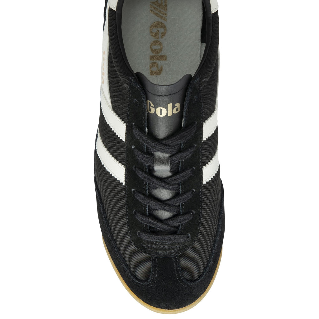 A pair of black and white Gola men's sneakers in a top-down profile.