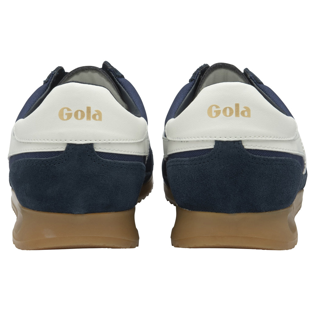 Back view of a pair of navy blue Gola trainers with white heel details.