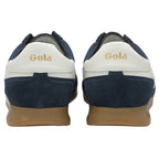 Back view of a pair of navy blue Gola trainers with white heel details.