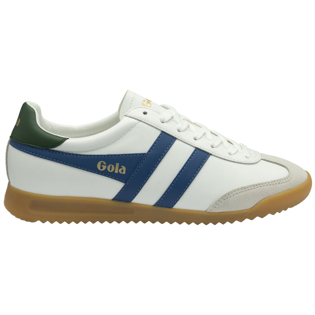 Side profile of a white Gola sneaker with blue stripes and a gum sole.
