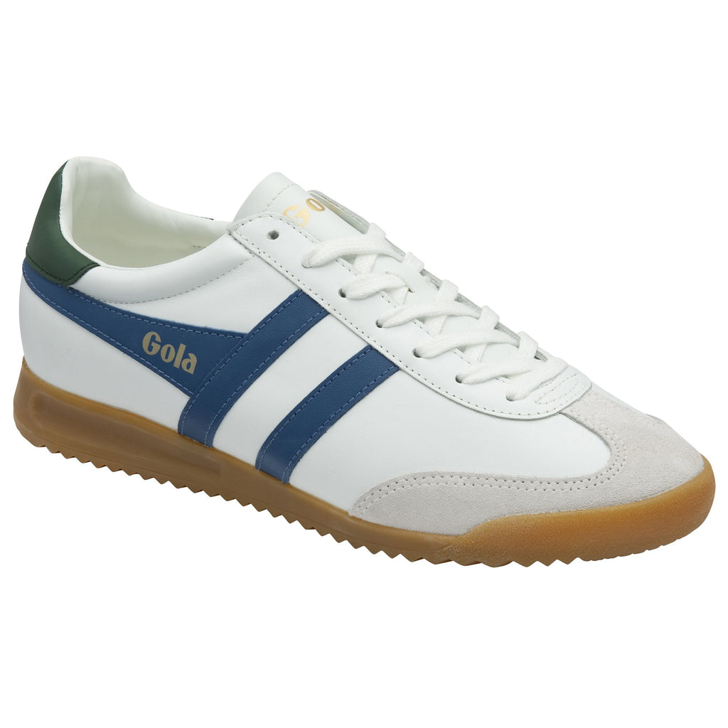 Angled view of a white Gola sneaker with blue stripes and a gum sole.