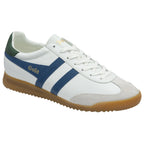 Angled view of a white Gola sneaker with blue stripes and a gum sole.