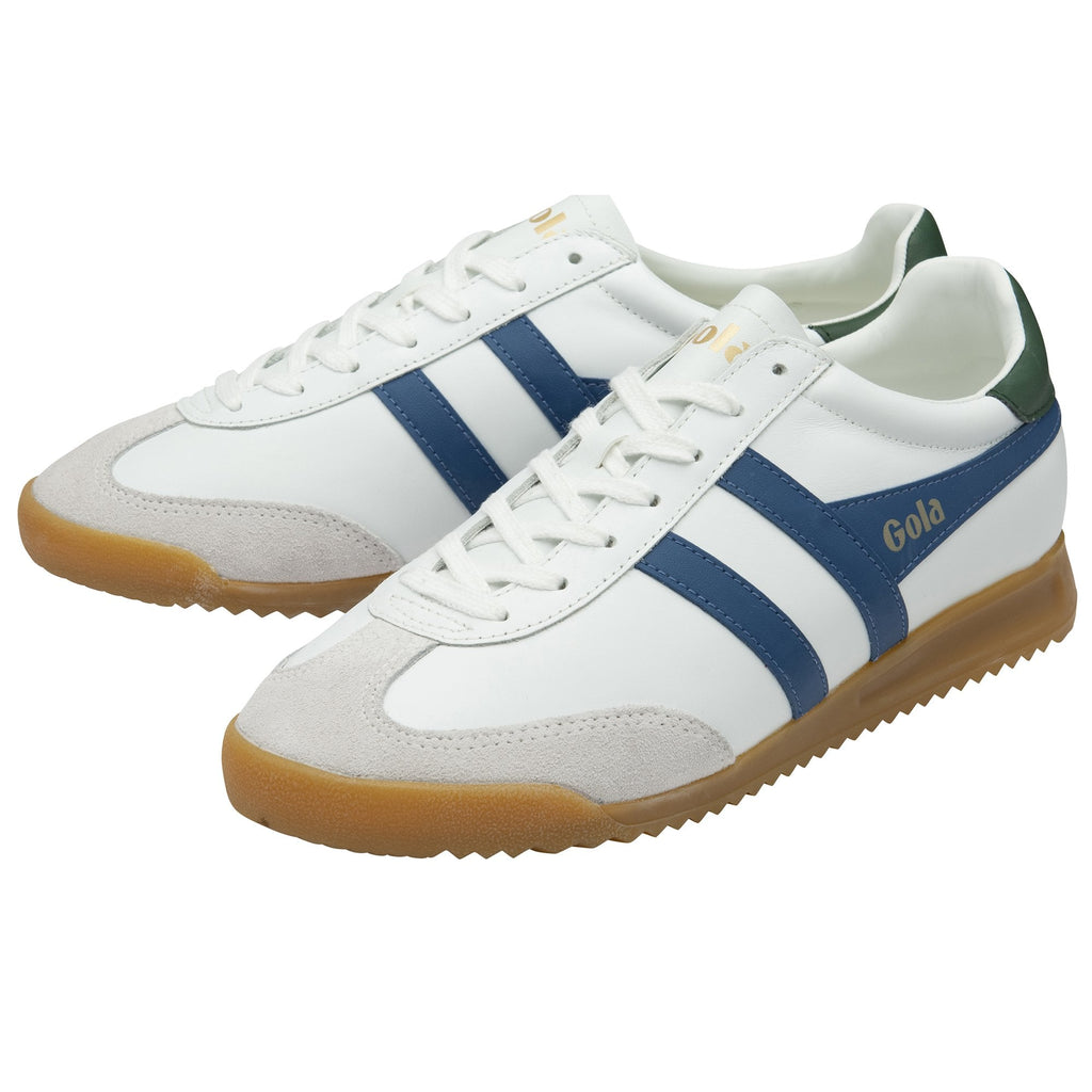 Pair of white Gola sneakers with blue stripes and gum soles, angled for display.