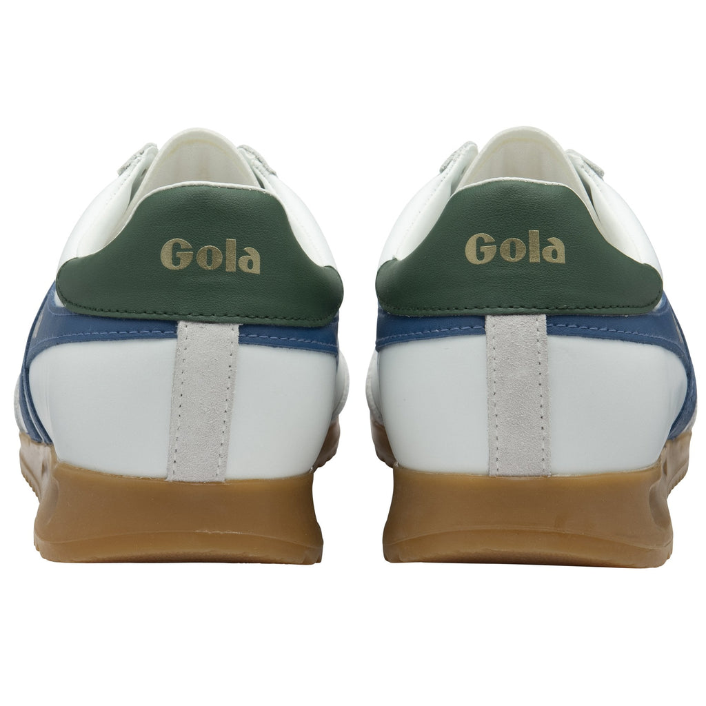 Rear view of two white Gola sneakers with green heel tabs and Gola logo.