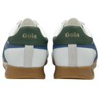 Rear view of two white Gola sneakers with green heel tabs and Gola logo.