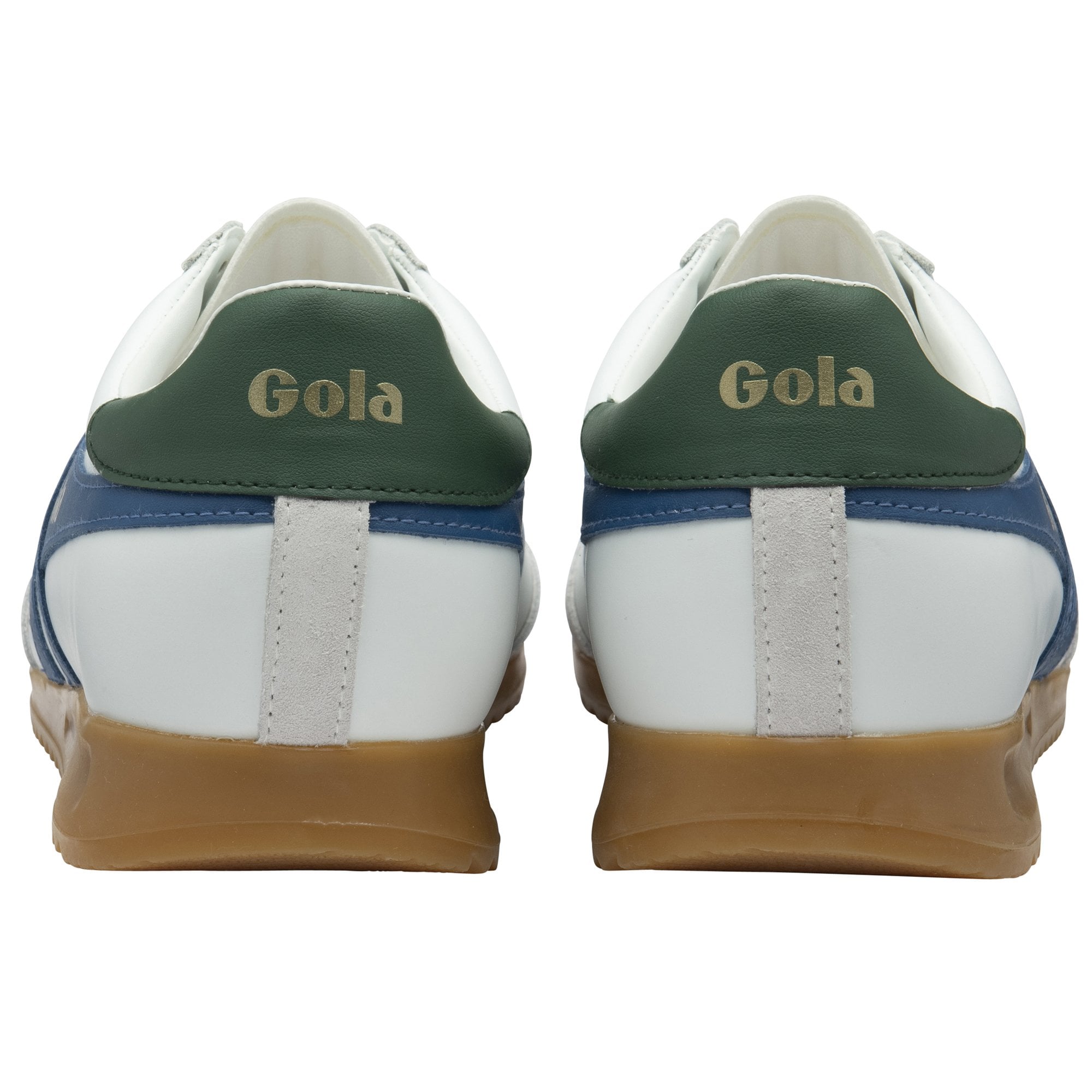 Rear view of two white Gola sneakers with green heel tabs and Gola logo.