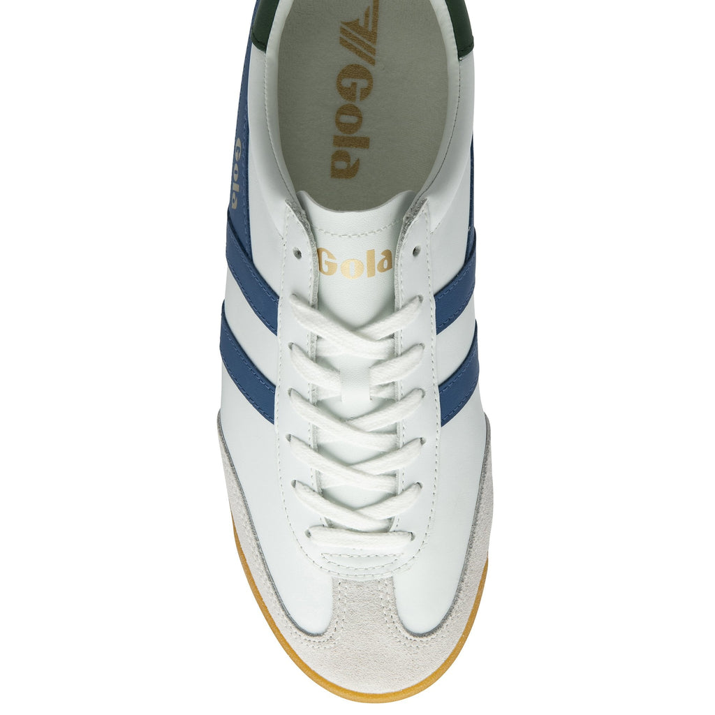 Top-down view of a white Gola sneaker with blue stripes and white laces.