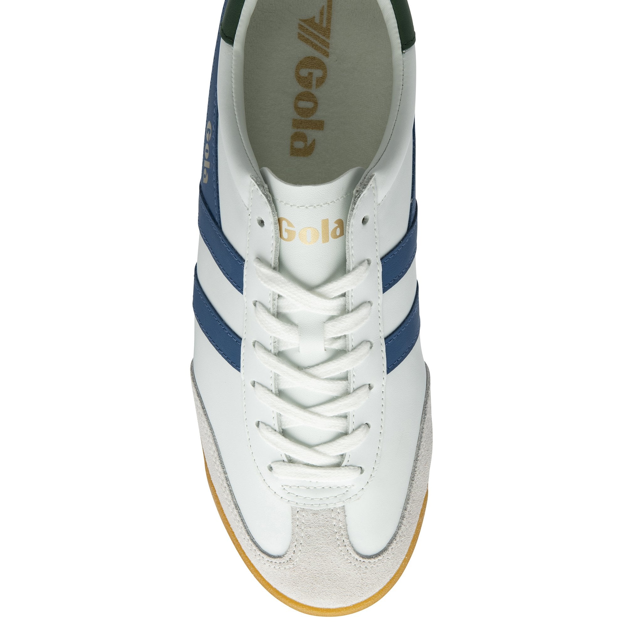 Top-down view of a white Gola sneaker with blue stripes and white laces.