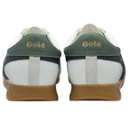 The back view of a pair of white Gola sneakers with green heels and gum soles.