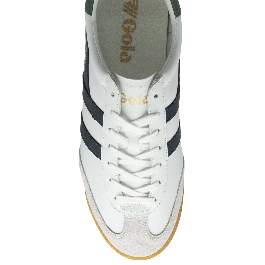 The top-down view of a white Gola sneaker with navy stripes and white laces.