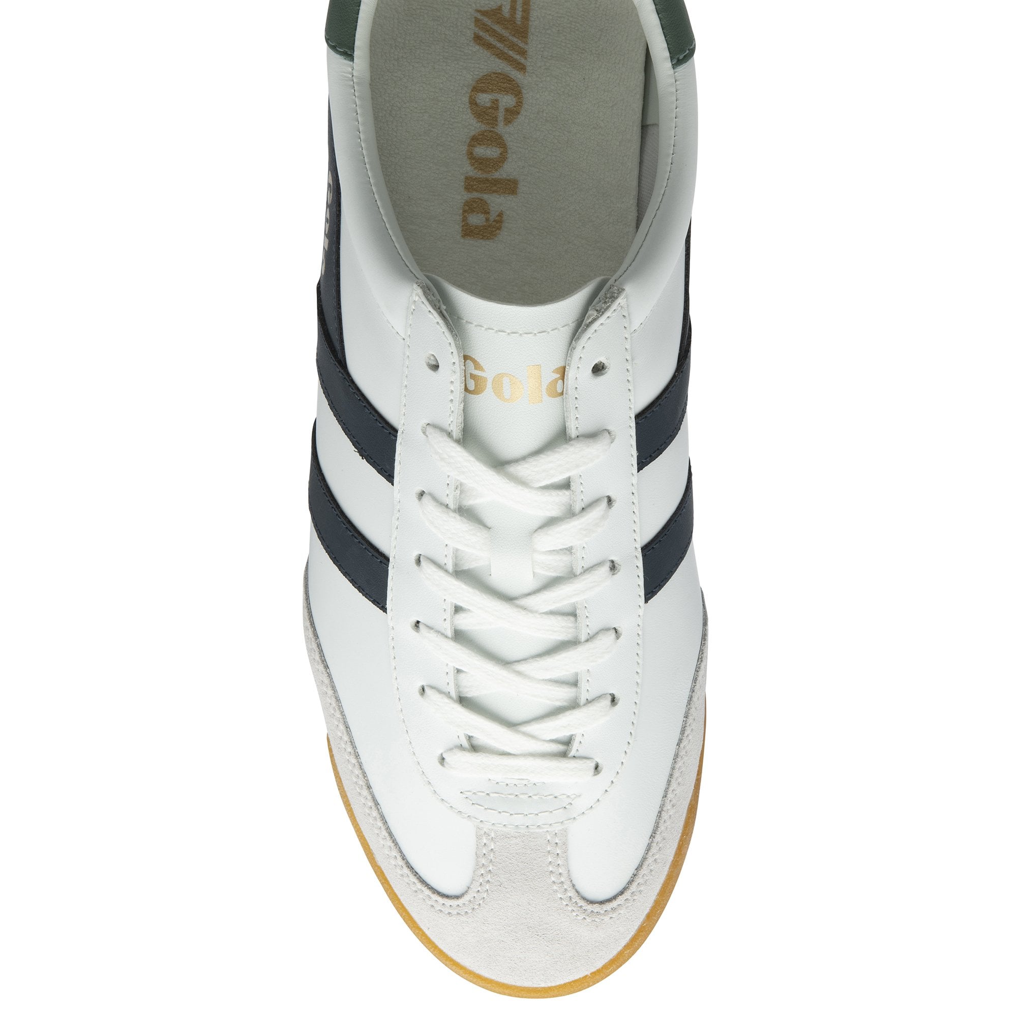 The top-down view of a white Gola sneaker with navy stripes and white laces.
