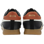 Back view of black and white Gola low-top sneakers with a gum sole.