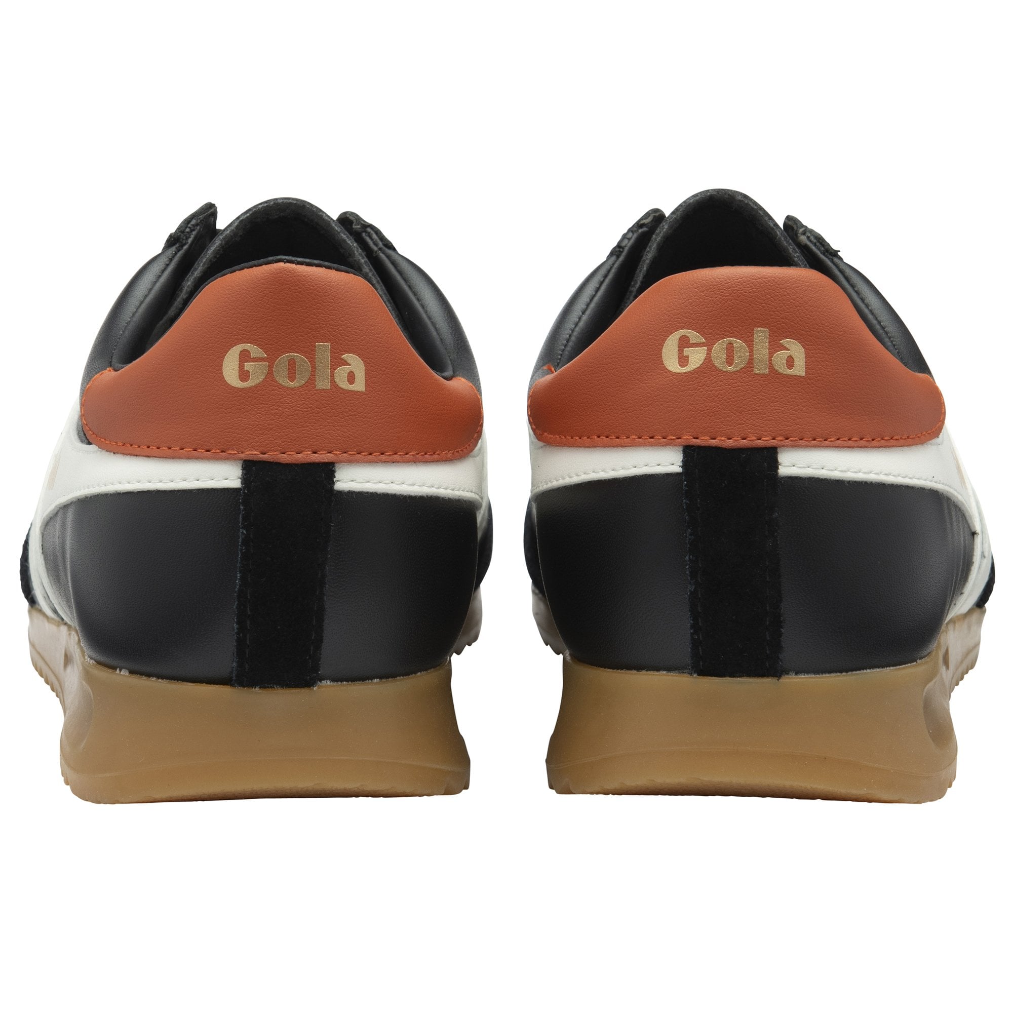 Back view of black and white Gola low-top sneakers with a gum sole.