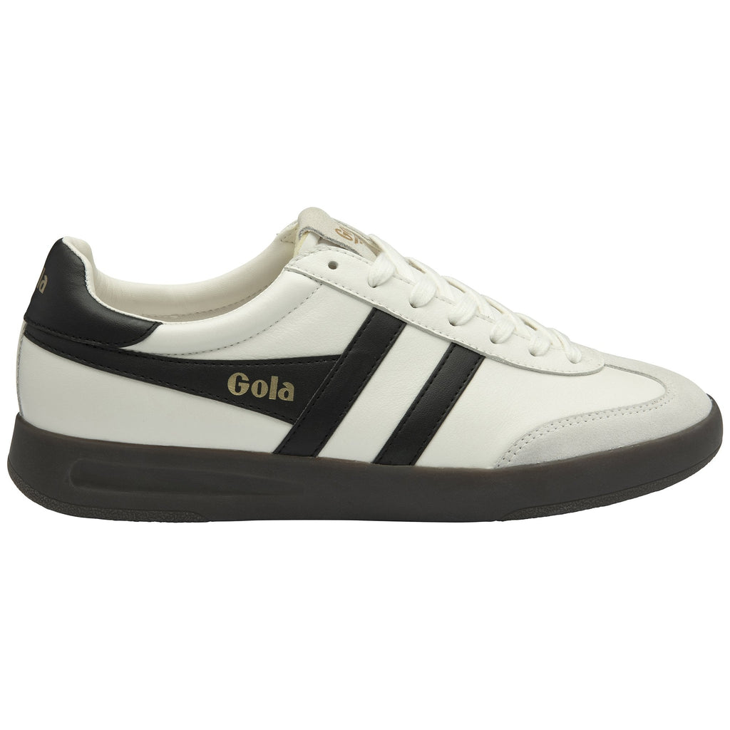 Side profile of a white Gola sneaker with black stripes and a black sole.