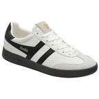 Angled view of a white Gola sneaker with black stripes and a black sole.
